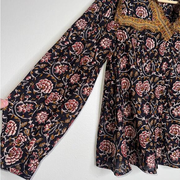 Anthropologie Othilia Sera Ruffled Blouse Black Floral Boho Fall Top Medium - Picture 5 of 8